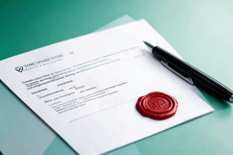 Um documento com selo de autenticidade e uma caneta ao lado, representando um contrato de timeshare.