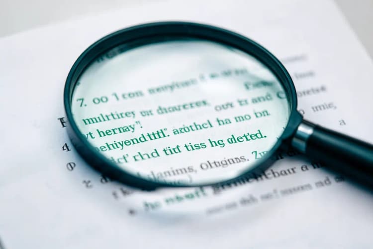 Uma lupa examinando uma linha de texto em um documento legal, destacando cláusulas.