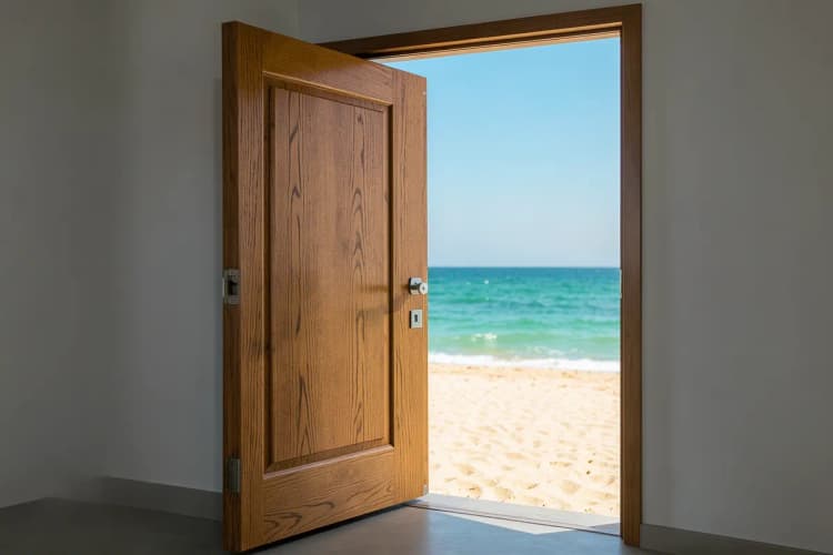 Uma porta se abrindo para uma paisagem ensolarada, simbolizando a saída de um contrato.