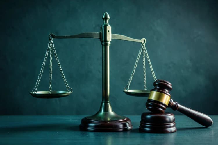 Uma balança da justiça desequilibrada com um martelo de juiz em um lado, sobre um fundo escuro.