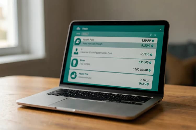 Um close-up de um laptop exibindo uma lista de planos de saúde com logotipos e preços