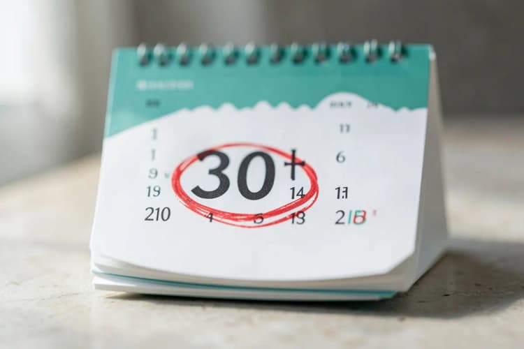 Um calendário com o dia 30 circulado em vermelho e uma lupa sobre ele