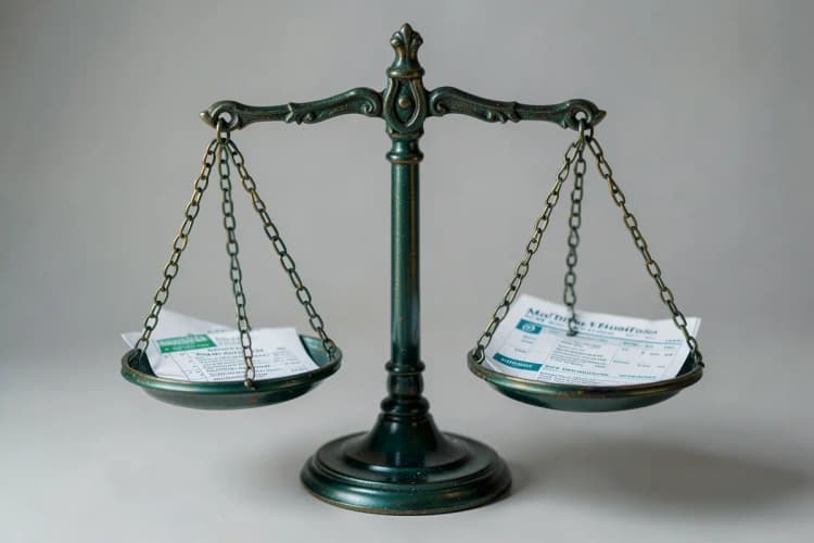 Uma balança de justiça com um plano de saúde de um lado e outro do outro, em cima de uma mesa