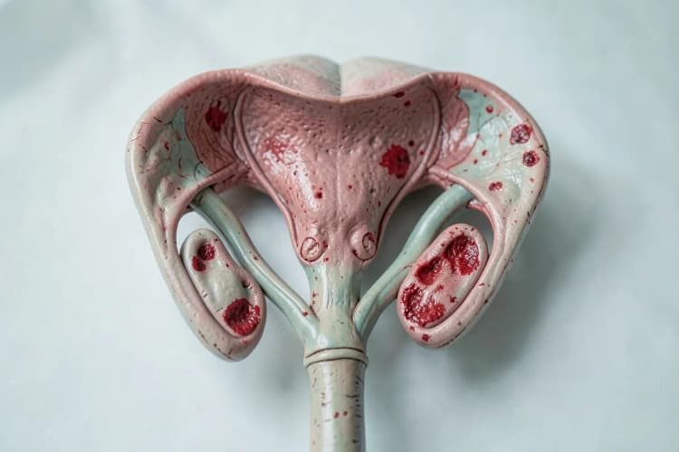 Um diagrama mostrando o sistema reprodutivo feminino com áreas afetadas pela endometriose em vermelho.