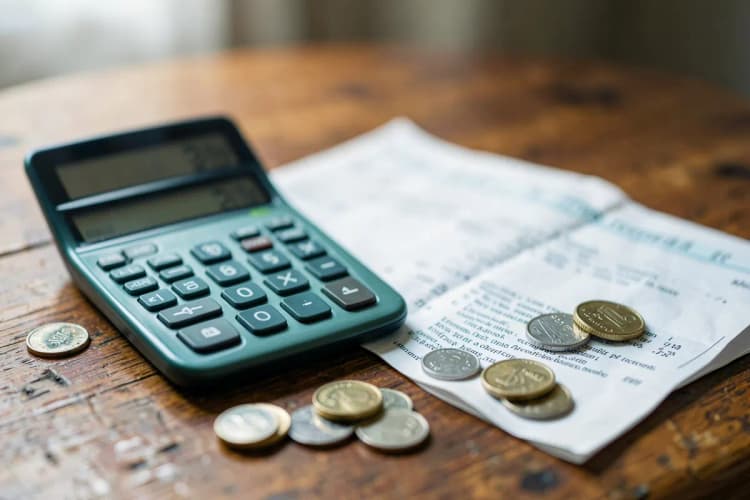 Uma calculadora mostrando o número 20% ao lado de um contrato de Vacation Club e algumas moedas, em uma mesa de madeira com luz suave.