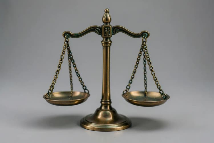 Uma balança de justiça desequilibrada, com um lado pesando mais que o outro, simbolizando a retenção de valores em um contrato, em um fundo neutro.