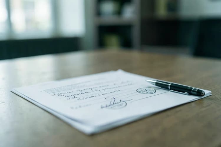Um documento sendo assinado e carimbado, com uma caneta ao lado, simbolizando os próximos passos após a rescisão de um contrato de Vacation Club, em uma mesa de escritório.