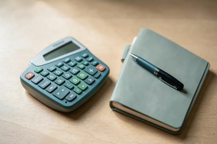Calculadora ao lado de um bloco de notas com anotações e uma caneta.