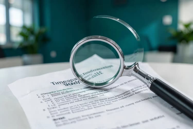 Uma lupa examinando letras miúdas em um contrato de timeshare, simbolizando a atenção aos detalhes.