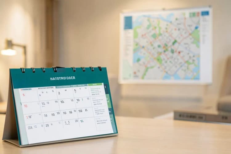 Um calendário com datas marcadas e um mapa de resort ao fundo, ilustrando o sistema de timeshare.