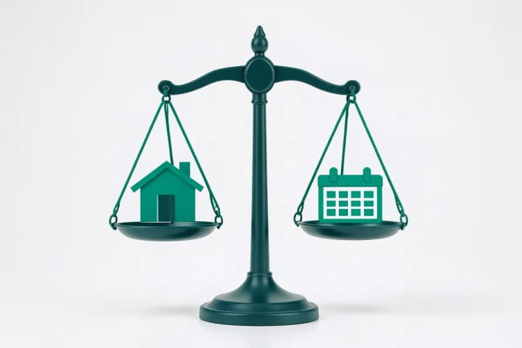 Uma balança de justiça equilibrada entre um símbolo de casa e um símbolo de calendário, representando a multipropriedade e o timeshare.