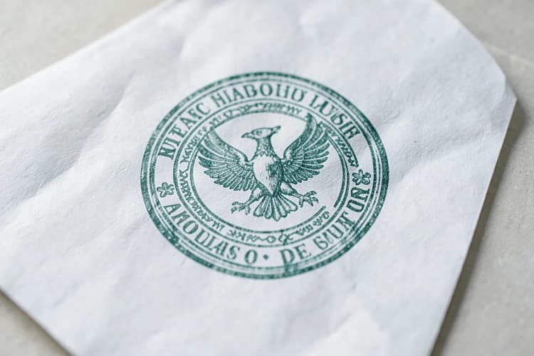 Um close-up de uma mão segurando um documento oficial com um carimbo de aprovação.
