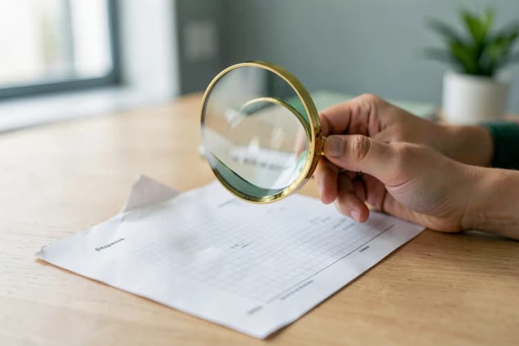 Uma pessoa examinando um formulário de pedido com uma lupa, em plano médio.