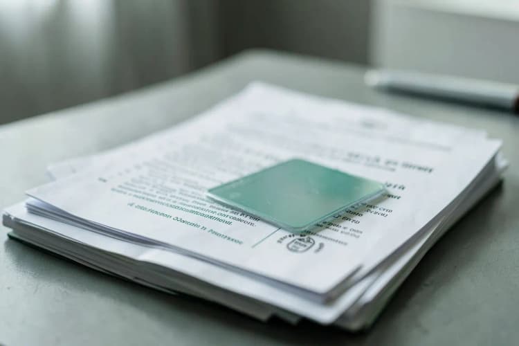 Uma pilha de documentos médicos e um crachá de identificação sobre uma mesa.