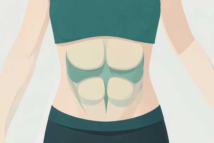 Abdômen de uma mulher com a musculatura separada, visto de cima.