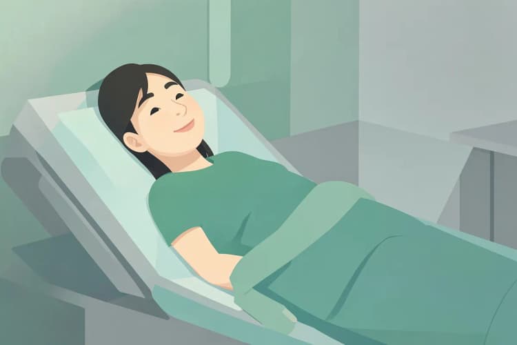 Mulher deitada em uma cama de hospital, com um sorriso leve, após a cirurgia.