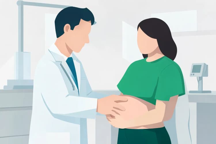 Médico examinando a barriga de uma paciente em um consultório.
