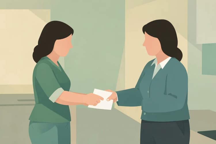 Mulher entregando documentos para um recepcionista em um consultório médico.