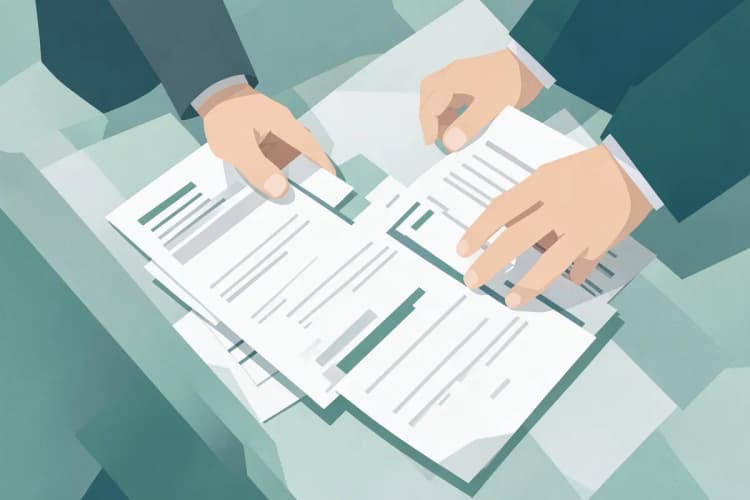Mãos organizando papéis e exames médicos sobre uma mesa.