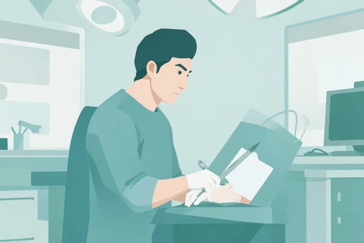 Cirurgião em sala de operação, preparando-se para operar.