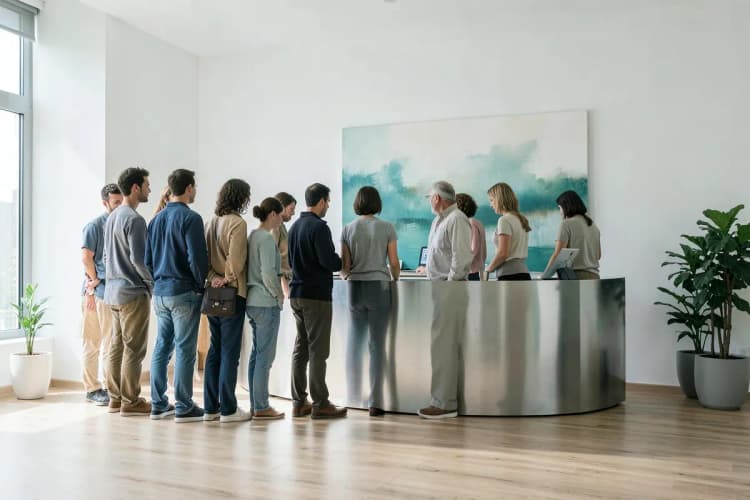 Uma fila organizada em frente a um balcão de atendimento do SUS, com pessoas aguardando.