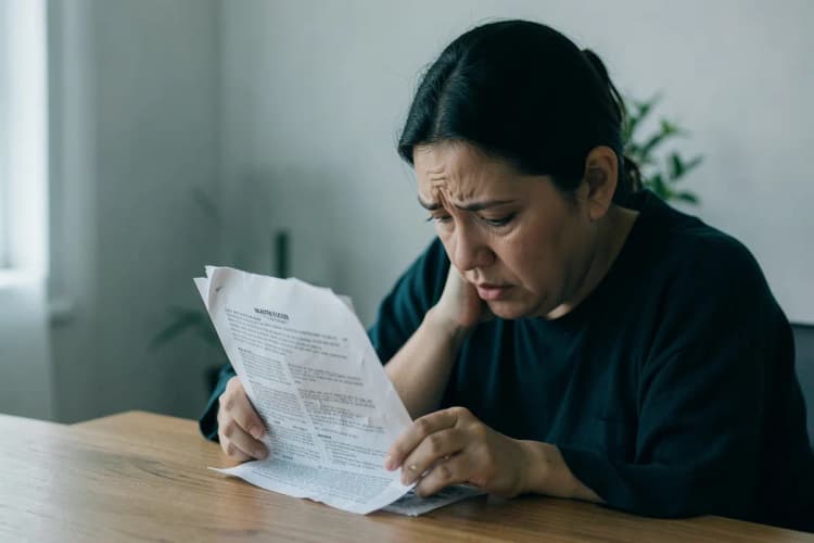 Uma pessoa olhando para uma carta de negativa de plano de saúde com expressão de preocupação.