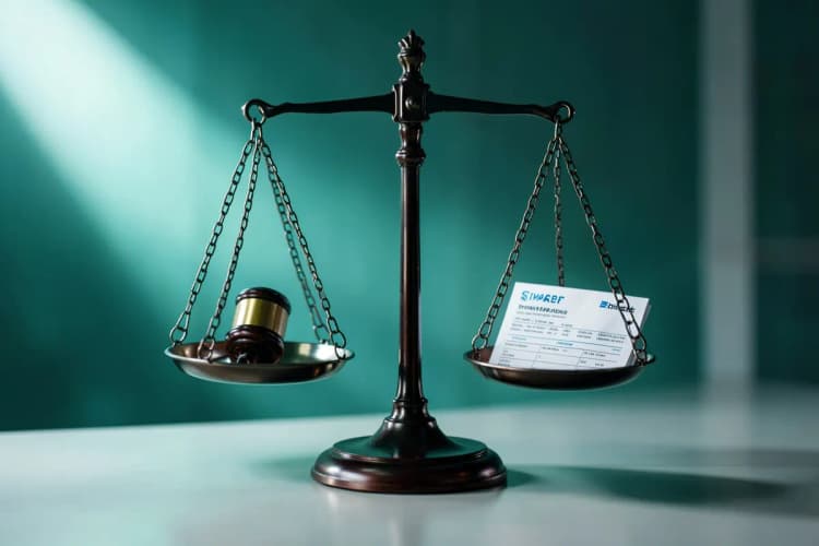 Uma balança da justiça desequilibrada com um martelo de juiz em um lado e um contrato de timeshare no outro, em um ambiente de escritório escuro.