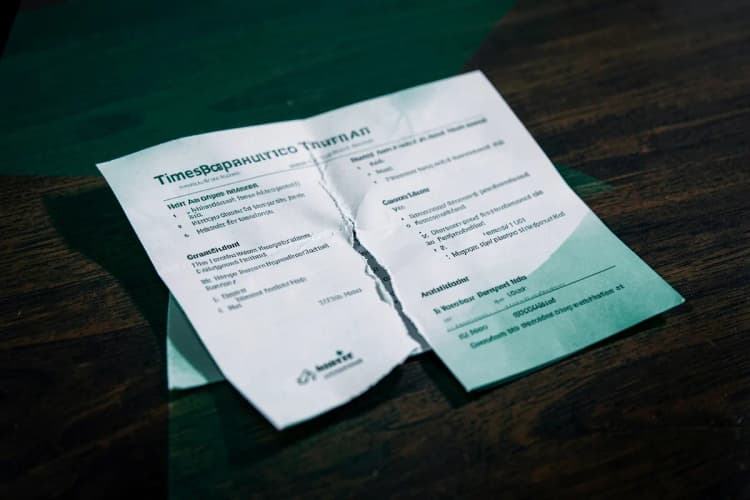 Um documento de contrato de timeshare rasgado ao meio sobre uma mesa de madeira escura, com uma caneta caída ao lado.