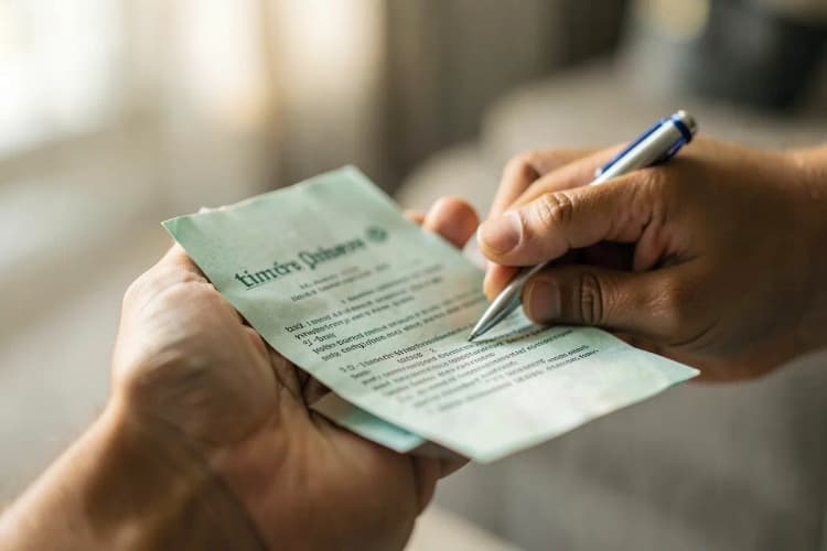 Uma pessoa segurando um contrato de timeshare com uma caneta, com foco na mão e no documento.
