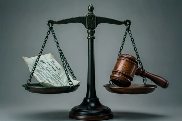 Uma balança da justiça com um contrato de timeshare de um lado e um martelo de juiz do outro.