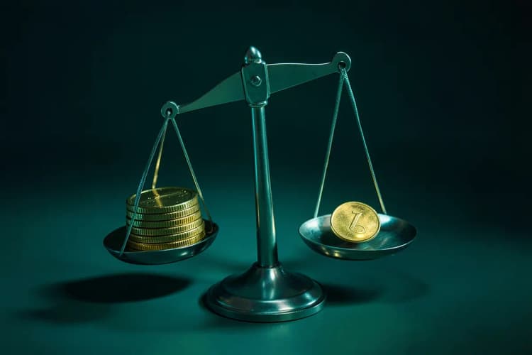 Uma balança de justiça desequilibrada com uma pilha de moedas de ouro de um lado e uma única moeda do outro, em um fundo escuro.